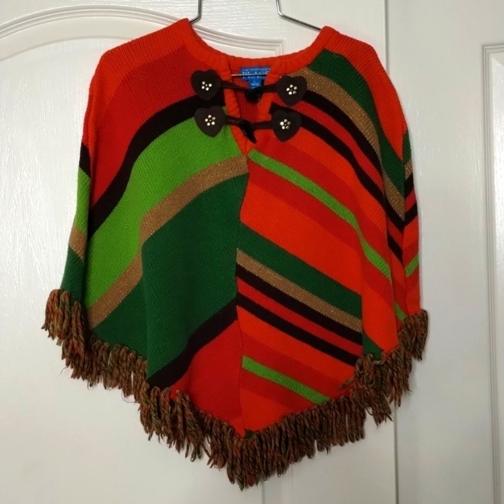 The Childrens Place Girls size 10/12 orange beige green with fringe shawl/poncho